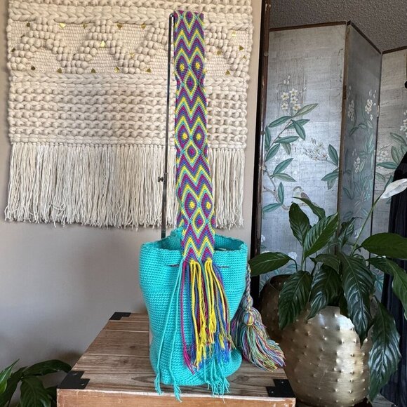 Wayuu Mochilla Teal Multi Color Woven Shoulder Soft Large Tassel Tie Bucket Bag - Picture 6 of 14